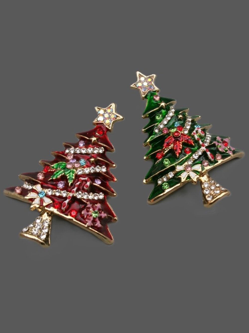 2 Christmas Tree Brooches, Red and Green Enamel Sparkly Rhinestones